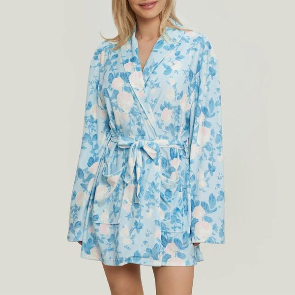 Ev Giyim Imcute Kadınlar y2k Meyve Peluş Çöp Çiçek Baskı Şal Yakası Açık Ön Boşluk Kemer Spa Kimono Nightgown Loungewear