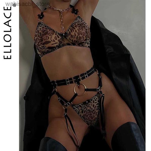 Conjunto sexy Ellolace Erotic Leopard Lingerie Sexy Chega de roupas de baixo