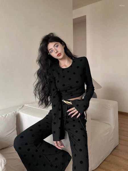 Frauen zweisteuelhafte Hosen süßes Mädchenanzug Frühling Slim Longleved Short T-Shirt Polka Dot lässige, ausgestattete zweiteilige zweiköpfige weibliche Kleidung