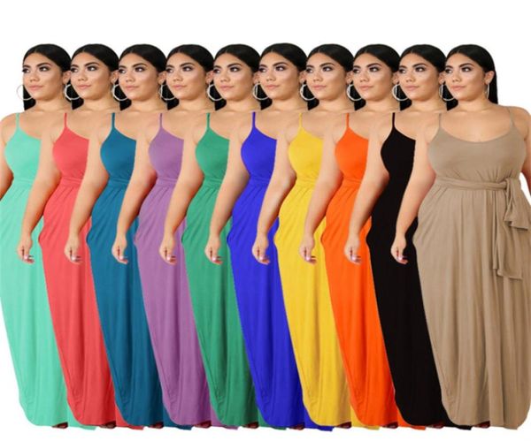 4x 5x Mulheres de tamanho vestidos roupas de verão Sexy Spaghetti Strap Selas mangas Maxi Moda Moda Cor Solid Loose Dress 53615434495