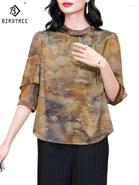 Женские блузки Birdtree Stand Shece Neck Print 92% шелковая рубашка для женщин для женщин Retro ol Satin 2024 Spring Top T42308QM