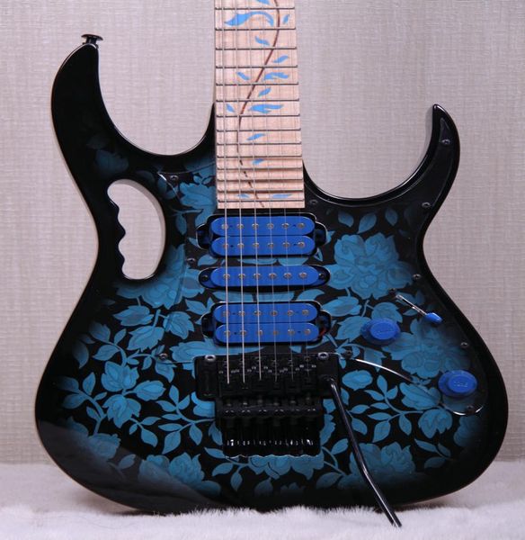 Jem77 BFP Blue Flower Padrão Steve Vai 7V Guitarra elétrica 5pc Tree de vida embutida Floyd Rose Tremolo Bloqueio porca preta H1014216