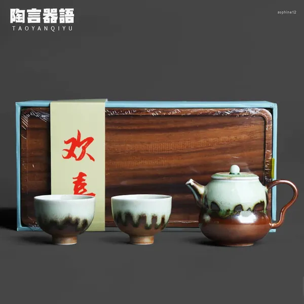 Conjuntos de chá de teaware lenha de madeira queimadura de queimaduras de esmalte abençoando uma panela duas xícaras de chá de presente combinando bambu bandeja caixa pacote mini