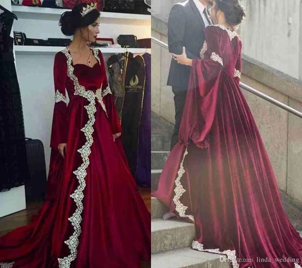 Elbiseler 2019 Yeni Arapça Dubai Uzun Kollu Kaftan Gece Elbise Vintage Mütevazı Ucuz Burgundy Resmi Ünlü Parti Elbisesi Özel Yapım