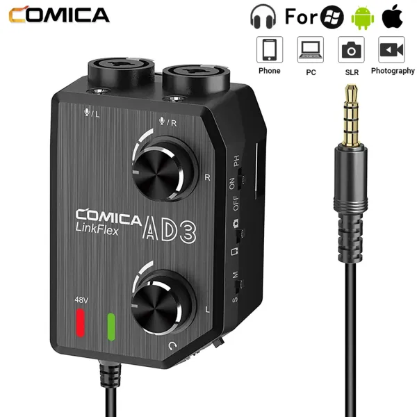 Микрофоны Comica Linkflex AD3 Адаптер усилителя микрофона с 2Channels 48V Phantom Power Mixer для смартфонов Camcorders DSLR Камеры