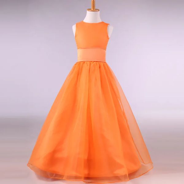 Vestidos cetim organza long flor girl vestido laranja 2019 jóia pescoço mãe vestidos de piso comprimento de crianças vestidos de noite