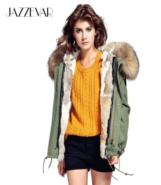 Jazzevar moda kadın ordusu yeşil büyük rakun kürk kavar kapşonlu ceket parkas dış giyim çıkarılabilir kürk astar kış ceket7105833