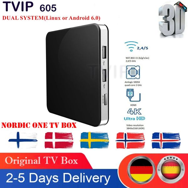 Box Новейшая TVIP 605 Nordic One Linux Android Dual OS 4K IP TV Box Quad Core 2.4G/5G WiFi TVIP605 Nordic Media Player Set Top Box