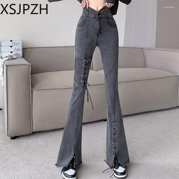 Frauen Jeans Solid Women 2024 Fashion Casual High Tailled Denim Pant Vintage Streetwear Slim Unrevular Gurt Design Design