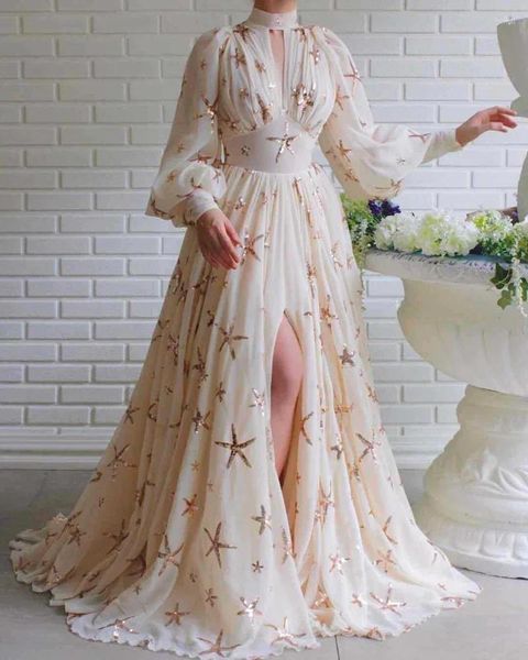 Lässige Kleider Frauen sprengen Sommer Herbst ein Stück halb hoher Ausschnitt Pailletten Paillettenschlitz Laternenhülle Großer Saum formelles Kleid Chiffon