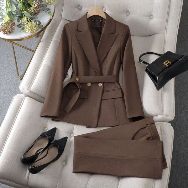 Feminino formal feminino de café preto colar de gola blazer calça de calça de escritório para mulheres profissionais casuais roupas 240403