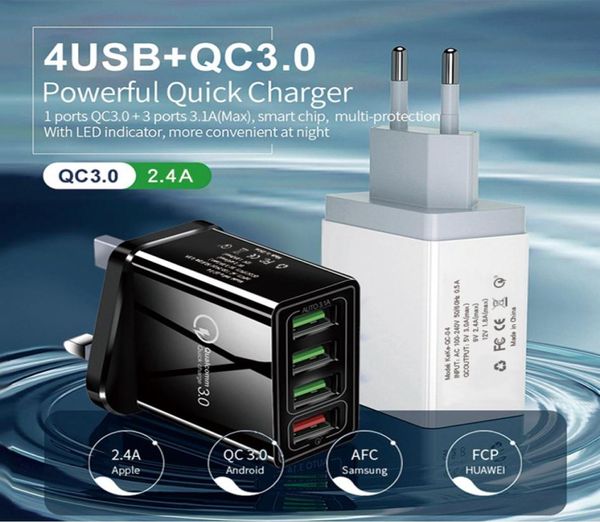 Carga rápida 30 Charger Wall Charging Fast para Samsung S10 S9 S8 Plug Xiaomi Mi Huawei Chargers de telefone celular Adaptador 4 USB QC309558315