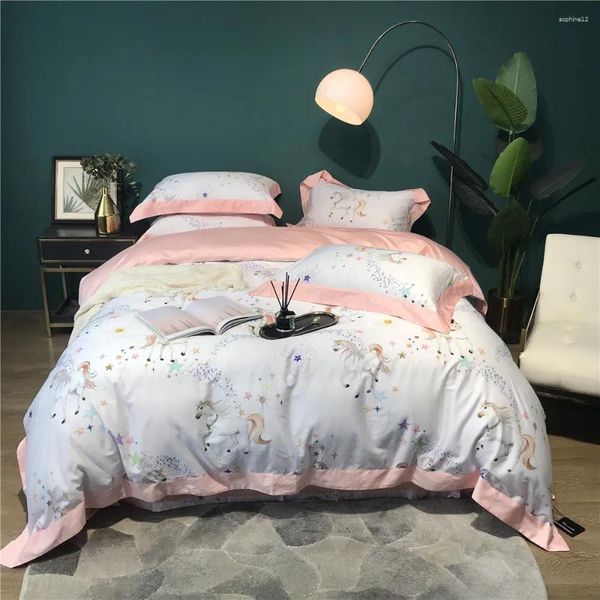 Set da letti da 4 pezzi figlie ragazze figlie bianche e rosa stelle cavalli biancheria lussuosa egitto cotone piumino raso set doppio