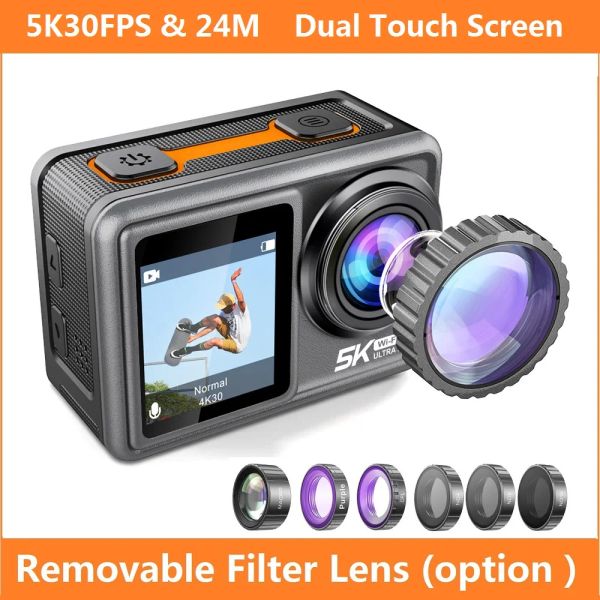 Fotocamere Action Camera 5K 30fps 24 MP EIS Dual Screen WiFi Remote Video -Remote Control Video con filtro rimovibile Len