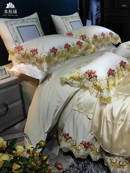 Yatak takımları 6pcs altın dantel kenarı yatak örtüsü kraliyet seti kral pamuklu yatak sayfası lüks prenses yastık kılıfı