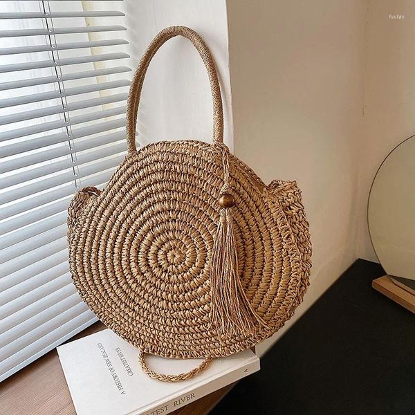 Bolsas de ombro São de praia de verão palha redonda para mulheres rattan via viagem artesanal de grande capacidade Bolsa feminina compra de compras feminina