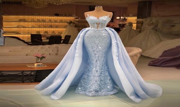 Световое небо голубые вечерние платья с съемным поездом арабский aso ebi ebi sheer кружев