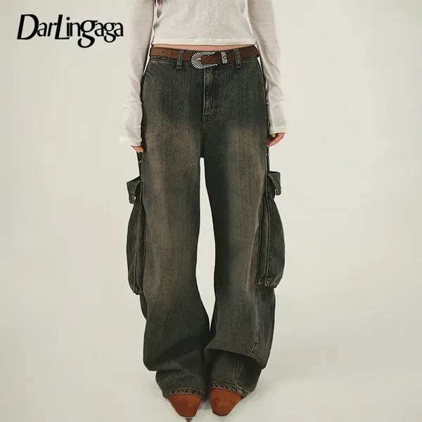 Jeans femininos Vintage Harajuku Low Rise Bagg Women Grunge Fairycore Big Bockets Denim Troushers