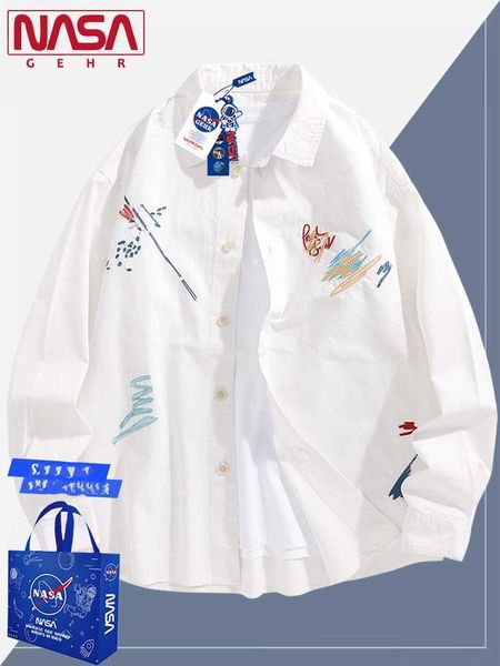 NASA Company Brand White Shirt Luxury American Spring and Fall Jacket 2024 Novo camisa de camisa de camisa de algodão camisa de botão
