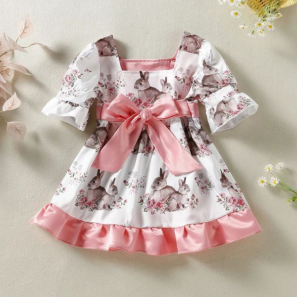 Mädchenkleid Kaninchen Blumendruck Puff Kurzarm quadratische Nacken Rüschen Saum Baby Kleinkind Kid Girl 240403