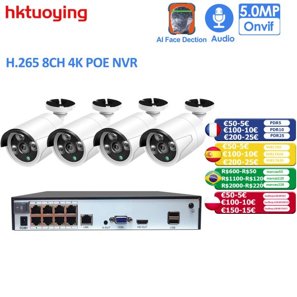 Sistema H.265+ 8CH 5MP Kit de câmera de segurança Poe Poe Record RJ45 3mp4mp IP Câmera IP Outdoor Imper impermeável CCTV Video NVRFace Detecção