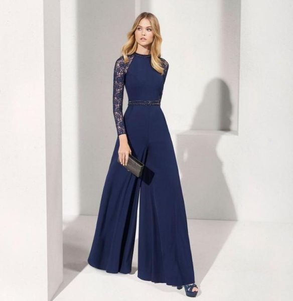Темные темно -синие кружевные комбинезоны с длинными рукавами вечерние платья драгоценно -шейки для бисера выпускных платье