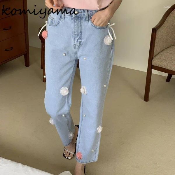 Jeans femininos de retalhos de retalhos de pérolas florais pantalones pantalones bolsos