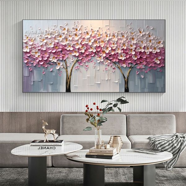 Große maßgeschneiderte blühende Baum -Leinwand Ölmalerei handgefertigtes abstraktes Kirschblüten -Leinwand Malerei rosa Blumenmalerei Wohnzimmer Wohnzimmer Dekoration