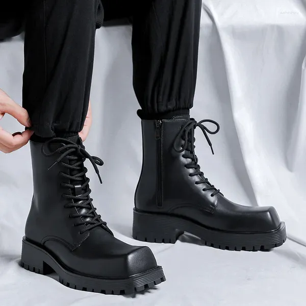 Botlar Erkekler Günlük Yüksek Motosiklet Marka Tasarımcı Kare Toe Ayakkabıları Gerçek Deri Platform Boot Yakışıklı Dantel Uzun Botas Adamı