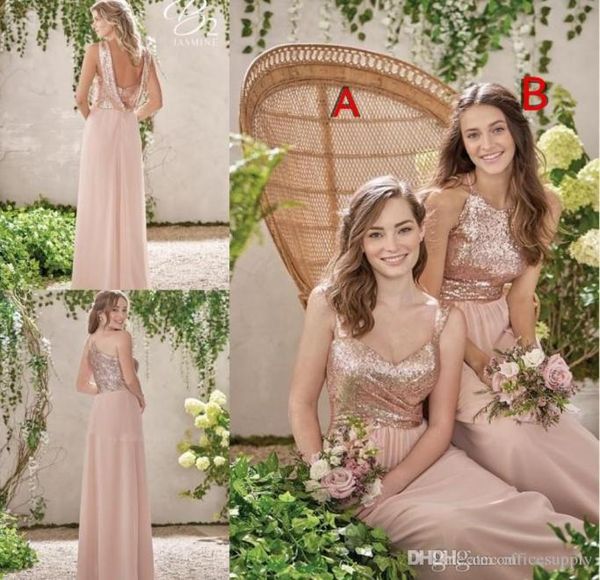 Vestidos de dama de honra de lantejoulas de ouro rosa 2021 uma linha espaguete sem costas chiffon country barato country júnior dama de honra vestidos9555468