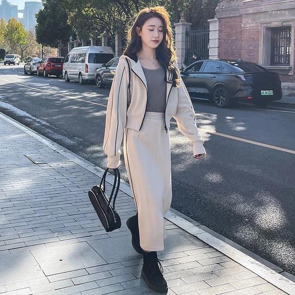 Arbeitskleider Hoodie Mantel und Rock zweiteilige Sets 2024 Frühlingsfrauen Elegant Casual Slim Korean Style Reißverschluss Kurzer Kapuzenjacke Anzüge 0017