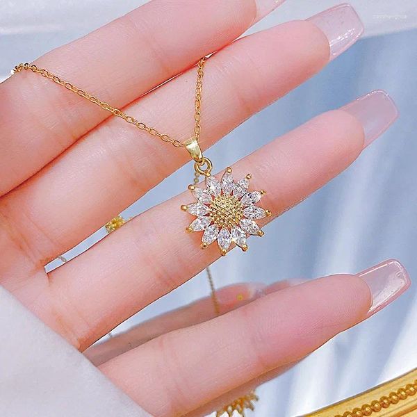 Anhänger Halsketten Klassische süße Zirkonkristall Sonnenblume Edelstahl für Frauen koreanische Mode sexy weibliche Schlüsselbeutel Kette