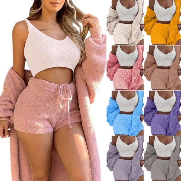 Hoodies femininos Confortável malha de pijama define um top de colheita com decote em vil de inverno loungewear casual shorts de manga longa de 3 peças esportes