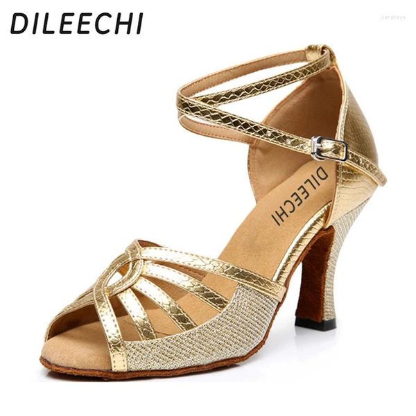 Sapatos de dança Dileechi Golden Latin feminino adulto salto alto 8 cm de verão sandálias de dança de verão macio preto