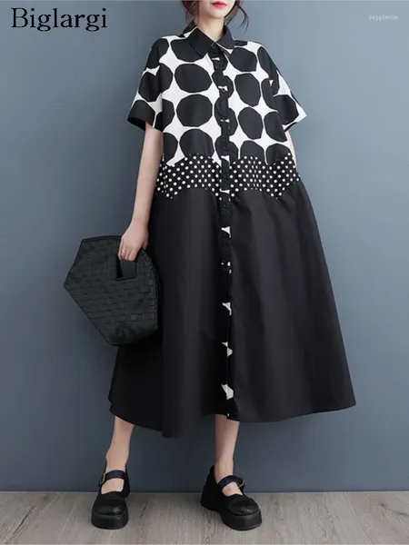 Partykleider übergroße Sommer Midi Hemden Kleid Frauen Polka Dot gestreiftes Druck Mode lässig Lose Damen Rüschen plissierte Frau