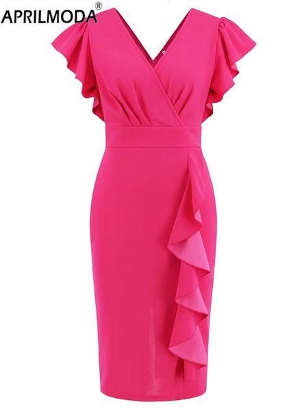 Elegante escritório desgaste do vestido feminino sólido preto rosa azul verde v pescoço de travamento slim fit bandagem embalagem vestidos de festa 240329