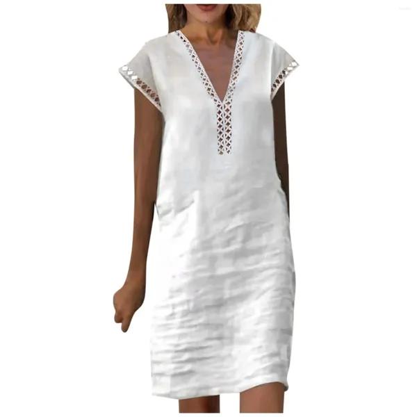 Vestidos casuais de verão feminino de decote em V para feminino de retalhos de coloração sólida vestido de linho de algodão moda e simples roupas