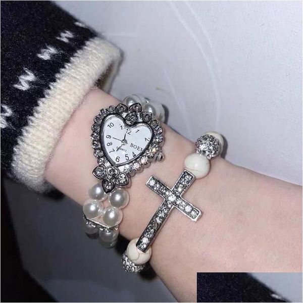 Очарование браслетов Y2K 2000 -х годов inalid Athestone Pearl Love Cross Cross Watch Elastic Bracelet для женщин