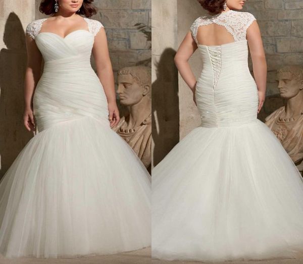 Abiti da sposa a sirena plus size vintage pieghe per applique in pizzo