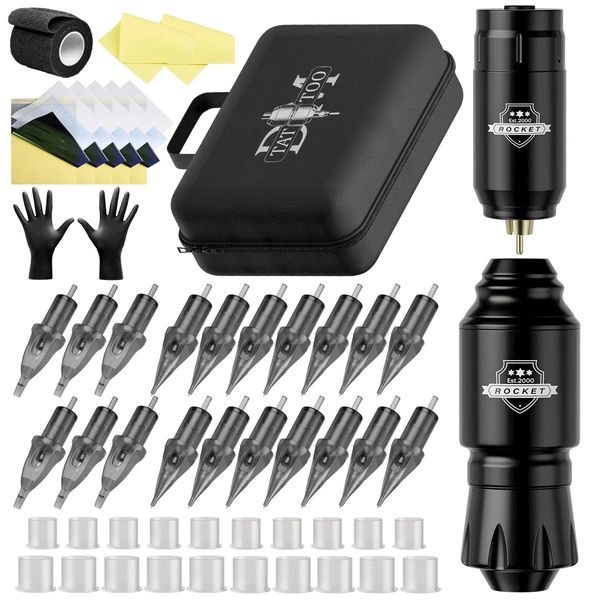 DM Wireless Tattoo Kit komplett Mini -Raketenmaschine Batteriefall Nadelscheibe Tintenfisch -Rotationsstift Dauerhaftes Make -up 240327