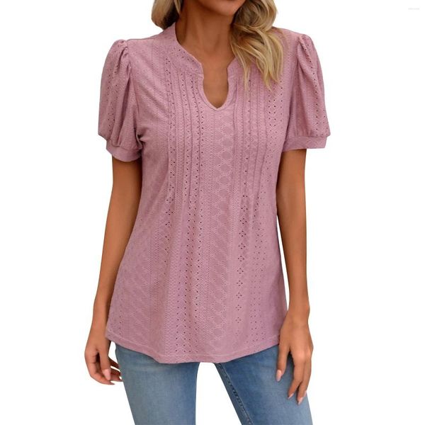 Camisetas femininas Torda casual casual de cor sólida com decote em vilas de manga curta solta t-shirt tops tops plus size roupas 2024