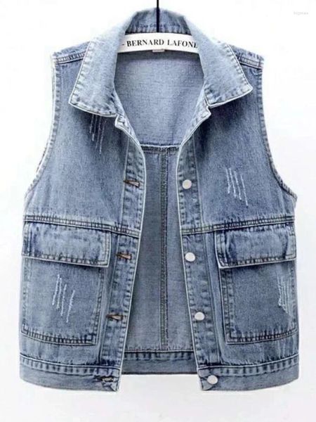 Coletes femininos Spring e Summer Denim Colet Versão coreana curta solta de bolso grande e sem mangas jaqueta de bolso Ciale i145