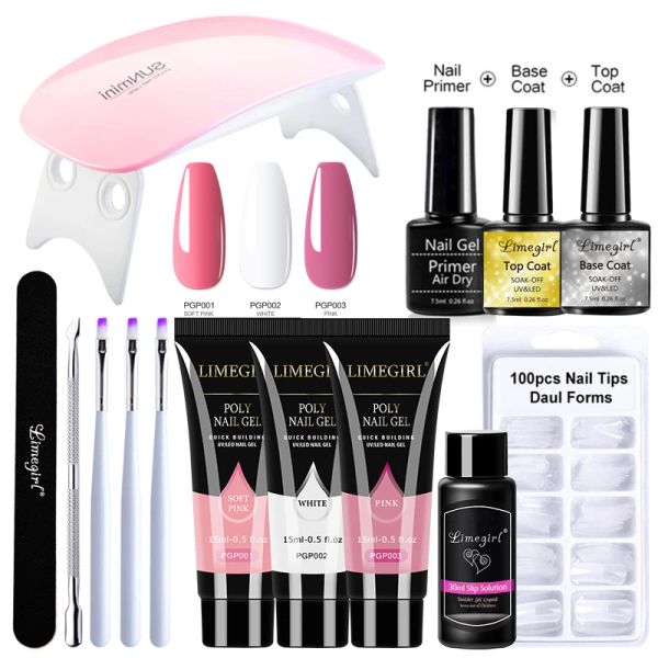 Vestidos limegirl poly unhel gel uel lump de 6w lâmpada led de manicure completa conjunto de extensão rápida kit de unhas de construção de poligéis para o kit de ferramentas de unhas