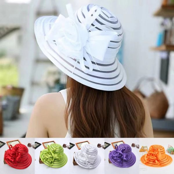 Chapéus do Sun Women Organza Sun Senhoras Elegantes Captânuis Casamento da Igreja Festa de Moda Moda Verão Big Big Fedora Hat 240327