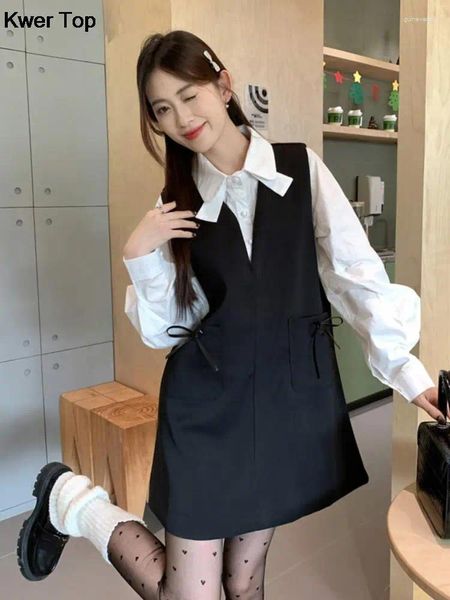 Vestidos de trabalho Mulher casual preto curto de 2 peças conjunto de primavera elegante de manga comprida camisa branca roupas coreanas fêmeas de roupas femininas soltas