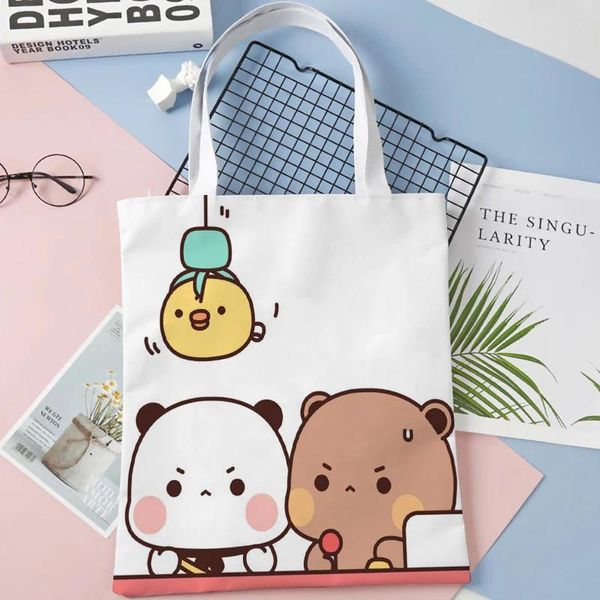 Sacchetti per la spesa sacca da donna panda orso abbraccio divertente fumetto shopperbags borsetta riutilizzabile in tessuto in lino vintage spalla vintage