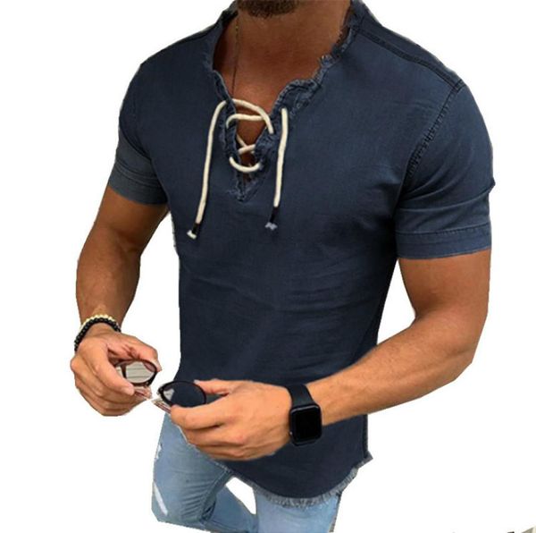 Mode -Denim -Shirt Männer passen Slim Jeans Shirt Kurzarm Vneck Shirts lässig Schnürbluse Top Tee Sommer Camisa Maskulina C1212591760