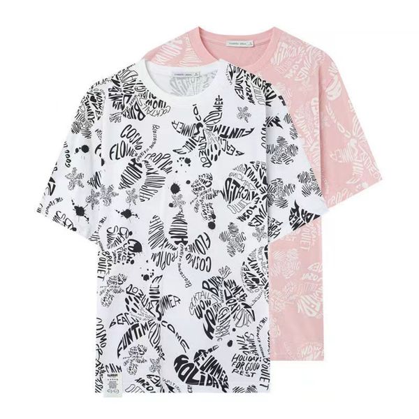 Carta de grafite de casal T-shirt Full Print Summer Algodão pura de manga curta Moda Loose T-Shirt