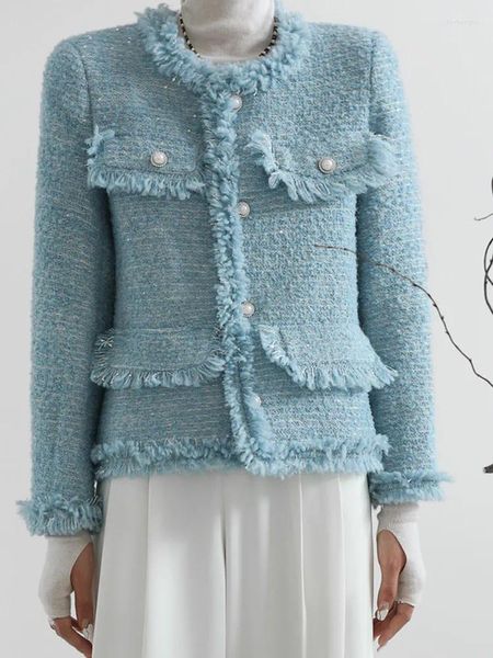 Kadın Ceketleri 2024 Mavi Işık Lüks Boncuklar Elmas Küçük Koku Tüvit Kat Tek Kesilmiş Uzun Kollu Vintage Dış Giyim Üstleri