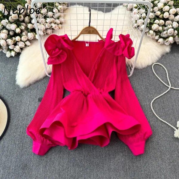 Женские блузки Neploe 2024 Spring V-образная плиссированная винтажные оборки Slim Taist Blusas Mujer Y2K с длинным рукавом 3D рубашки Женщины Женщины